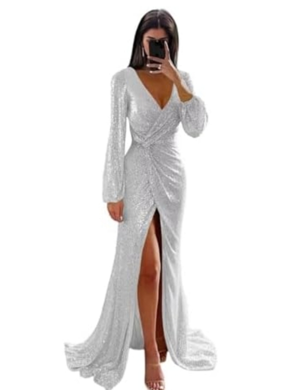 Monvelli Elegant Long Sleeve V-Neck Evening Gown white sequin 10